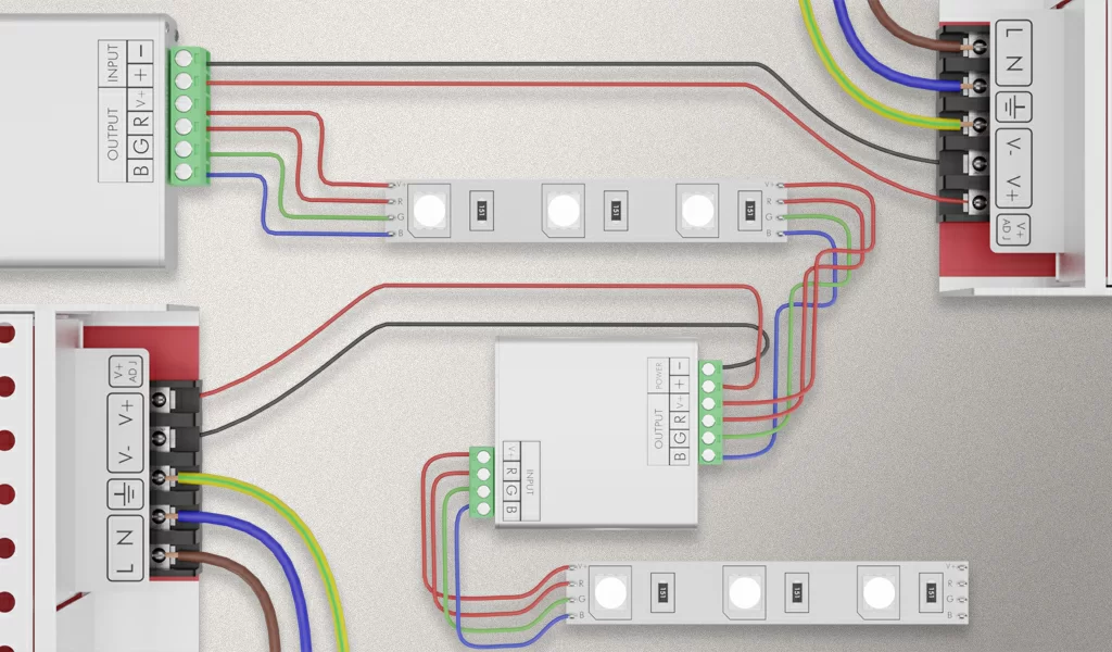 Подключение многоцветной светодиодной ленты с контроллером и усилителем.jpg Подключение многоцветной светодиодной ленты с контроллером и усилителем.jpg