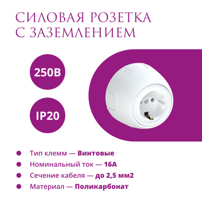 Розетка электрическая OneKeyElectro Rotondo с заземлением, винтовые контакты, белая в 