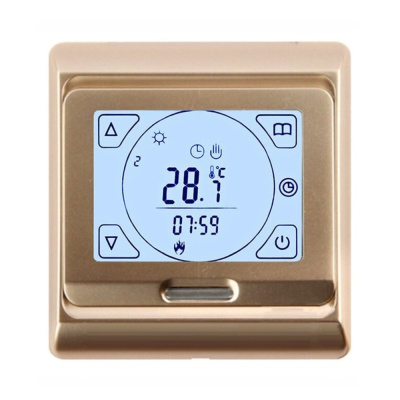 Терморегулятор для теплого пола AlfaReg E-91.716, программируемый, сенсорный, 16A, золотистый в  Терморегулятор для теплого пола AlfaReg E-91.716, программируемый, сенсорный, 16A, золотистый в
