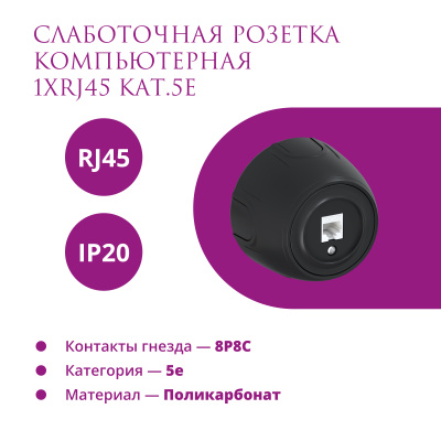 Розетка OneKeyElectro Rotondo компьютерная 1xRJ45 кат.5e, черная в 