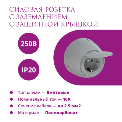 Розетка электрическая с крышкой OneKeyElectro Rotondo с заземлением, винтовые контакты, серая в России