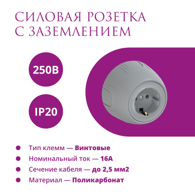 Розетка электрическая OneKeyElectro Rotondo с заземлением, винтовые контакты, серая в 
