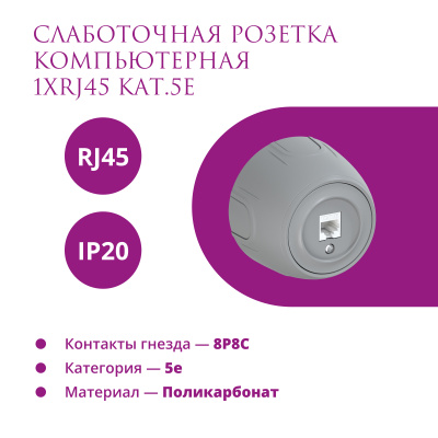 Розетка OneKeyElectro Rotondo компьютерная 1xRJ45 кат.5e, серая в 