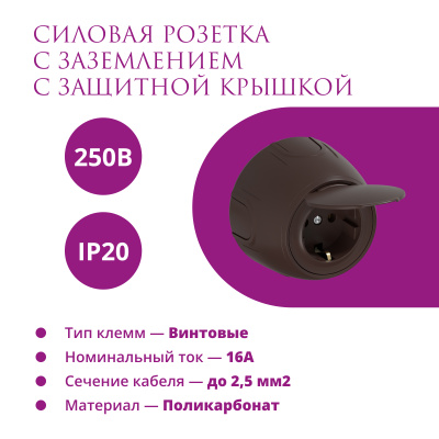 Розетка электрическая с крышкой OneKeyElectro Rotondo с заземлением, винтовые контакты, коричневая в России